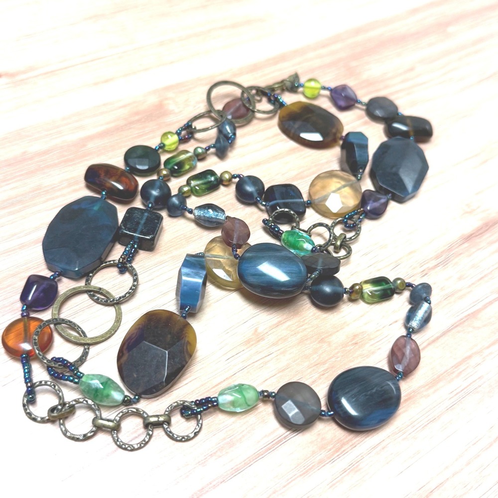 Coldwater Creek Beaded Statement Necklace Multi Earth Tone Glass Resin Bronze